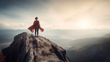 Super hero woman on top of a mountain. Generative AI