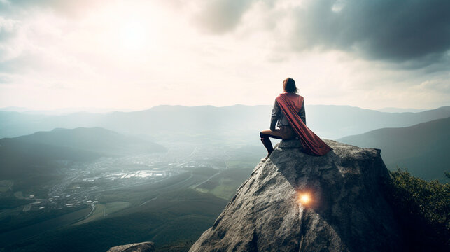 Super hero woman on top of a mountain. Generative AI