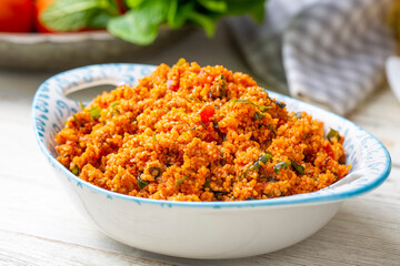 Traditional delicious Turkish foods: bulgur salad (kisir)