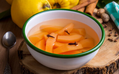 Quince compote. Compote or compote is a type of dessert prepared by boiling fruits with sugar water. Turkish name; ayva kompostosu