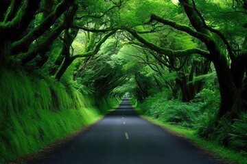 scenic country road with trees and grass on either side. Generative AI Generative AI