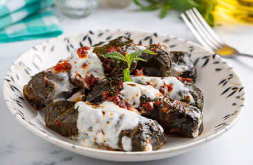 Stuffed collard greens with boiled leaves, traditonal turkish black sea region food, sarma, dolma...