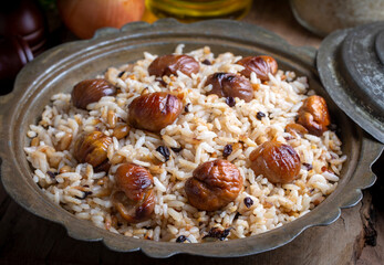 Traditional delicious Turkish food; chestnut rice pilaf (Turkish name; kestaneli pilav)