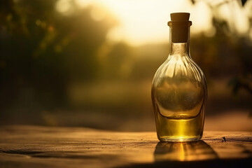 Golden olive oil bottle on wooden table olive field in morning sunshine. AI generative