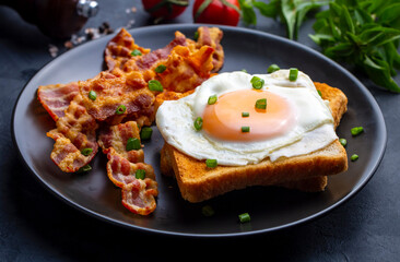 Fototapeta na wymiar Fried eggs with bacon. Bacon and egg as English breakfast.