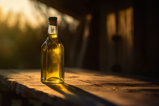 Golden olive oil bottle on wooden table olive field in morning sunshine. AI generative