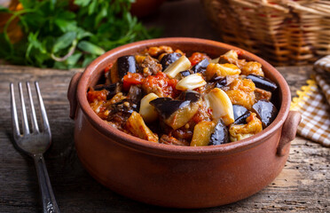 Traditional Turkish cuisine; Meaty Eggplant Dish. Turkish name; patlican guvec or patlican tava