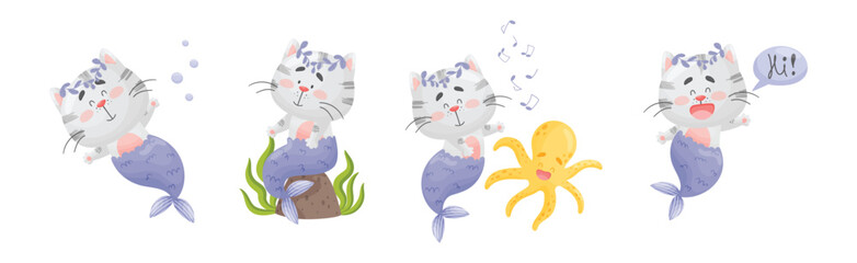 Cute Cat Mermaid with Fish Tail Floating Underwater Vector Set