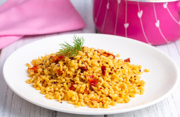 Bulgur pilaf with quinoa, food concept photo. Turkish name; kinoali bulgur pilavi