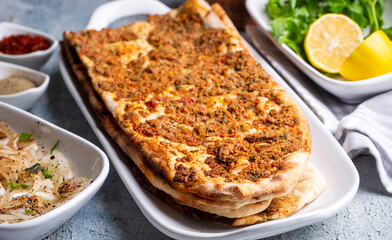 Turkish pide with minced meat, Turkish name; Kiymali Pide. Traditional Turkish cuisine. Turkish pizza Pita with meat.