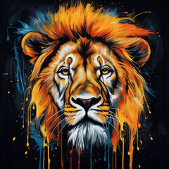 A Portrait Painting Of A Colorful Lion, In The Style Of Dripping Paint, Spray Painted Realism, Graffiti Style, Dark White And Dark Orange, Elegant, Black Background, Multi-Coloured, color splash