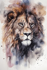 Watercolor Portrait Of Lion Illustrated On White Background, In The Style Of Naturalistic, Atmospheric Animal Paintings, Dark Beige And Bronze, In The Style Of Violet And Brown