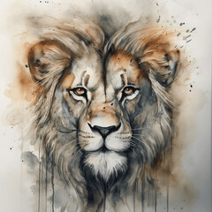 Watercolor Portrait Of Lion Illustrated On White Background, In The Style Of Naturalistic, Atmospheric Animal Paintings, Dark Beige And Bronze, In The Style Of Violet And Brown