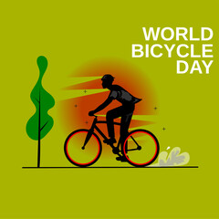 Fototapeta na wymiar world bicycle day illustration, silhouette man drive bicycle on street, for banner, website, background