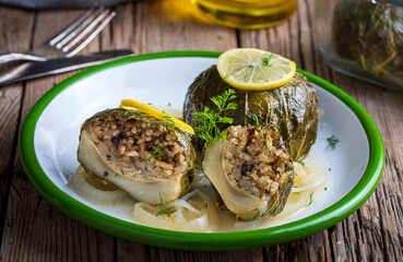 Traditional Turkish food; stuffed artichokes, stuffed artichokes. Turkish name; enginar canaginda sarma - dolma