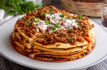 Turkish Food Kayseri Yaglama with Minced Meat, Yogurt and Tomato Paste