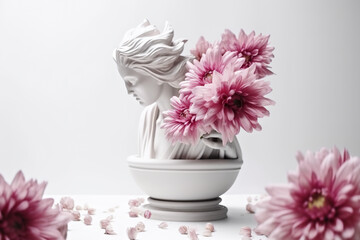 A statue of a woman holding a bunch of flowers. AI generative. surreal still life element on white background