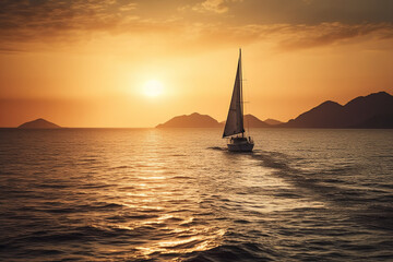 Fototapeta premium Luxury yacht sailing in the middle of the sea beside an island and mountains in the horizon at sunset as wide banner. AI generative 