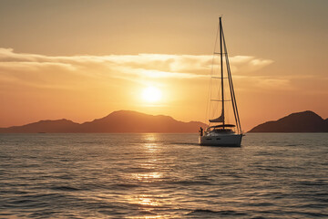 Luxury yacht sailing in the middle of the sea beside an island and mountains in the horizon at sunset as wide banner. AI generative