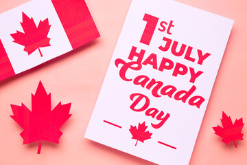 Card with text 1ST JULY HAPPY CANADA DAY, flag and maple leaves on pink background