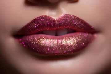 Fototapeta premium Glamour fashion bright pink lips gloss make-up with gold glitter. Generative AI