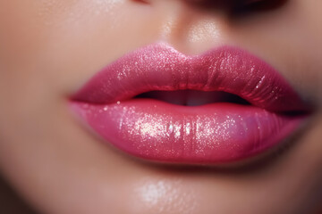 Glamour fashion bright pink lips gloss make-up with gold glitter. Generative AI