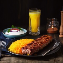 A plate of kebab iran and the yellow rice served with appetizers on a wooden table ai, ai generative, illustration