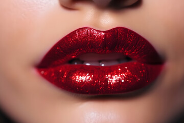 Fototapeta premium Glamour fashion bright red lips gloss make-up with gold glitter. Generative AI