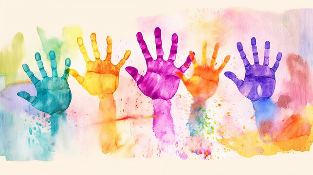 Kids hands colored imprints on white background, watercolor. Generative AI