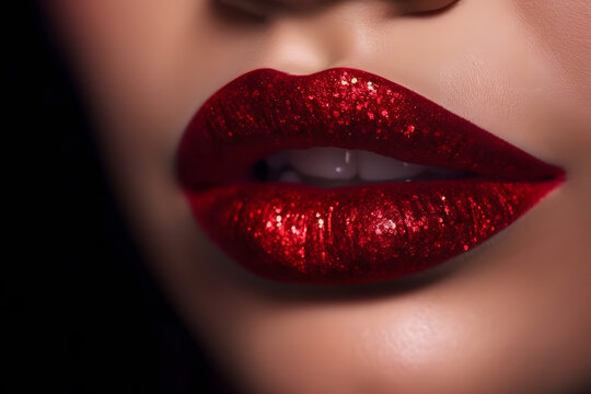 Glamour fashion bright red lips gloss make-up with gold glitter. Generative AI