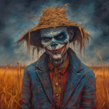 A smiling scarecrow looms over a sleeping child, terrorizing them in this eerie AI artwork. The scarecrow's playful smile belies its true intentions in bold colors!