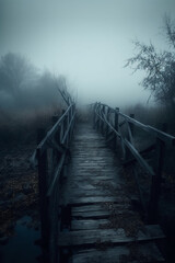 Old wooden bridge leading to nowhere in the fog, broken, gloomy dark blue, mysterious, loneliness. AI generative