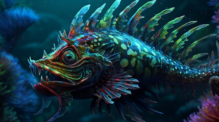 ai generated of Mariana Trench Magical fantasy psychedelic creatures,photorealistic,RGB,Colors 