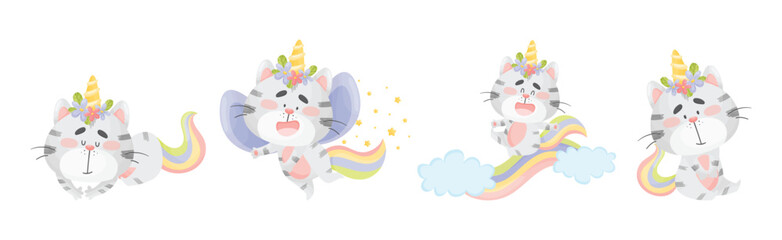 Cute Cat Unicorn with Rainbow Tail and Horn Vector Set