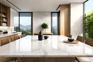 Refined Natural Beauty on a Polished Marble Counter: Showcase Organic Beauty Products with a 3D-Rendered Elegant White Countertop and Lush Green Tree Backdrop behind Mountain modern living room