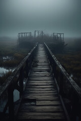 Obraz premium Old wooden bridge leading to nowhere in the fog, broken, gloomy dark blue, mysterious, loneliness. AI generative