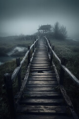 Old wooden bridge leading to nowhere in the fog, broken, gloomy dark blue, mysterious, loneliness. AI generative