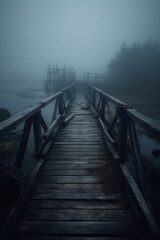 Fototapeta premium Old wooden bridge leading to nowhere in the fog, broken, gloomy dark blue, mysterious, loneliness. AI generative