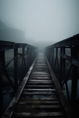 Obraz premium Old wooden bridge leading to nowhere in the fog, broken, gloomy dark blue, mysterious, loneliness. AI generative