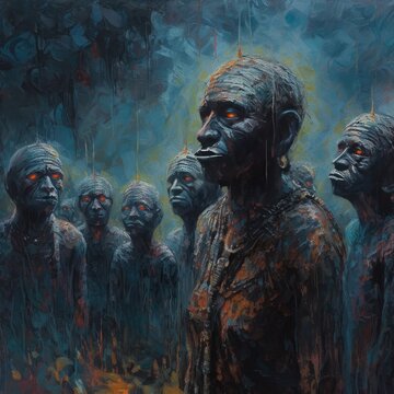 AI-generated art with a surreal scene. Enigmatic entities with red eyes stand awakened as they congregate in a ritual. The immersive, psychedelic setting evokes a sense of awe.