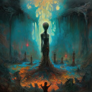 AI art. Female entities emerge from the fiery roots of earth in an otherworldly landscape, creating a metaphysical, dreamlike atmosphere. The immersive, psychedelic setting evokes a sense of awe.