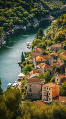 Naklejka premium an aerial view of Skradin's historic center, with its winding streets and colorful buildings nestled among the lush greenery. AI generative