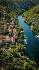 Fototapeta na wymiar an aerial view of Skradin's historic center, with its winding streets and colorful buildings nestled among the lush greenery. AI generative