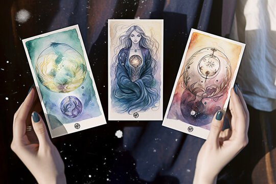 Close-up of woman's hands holding different pictures of planets and stars. Tarot cards forecasting. Generative AI