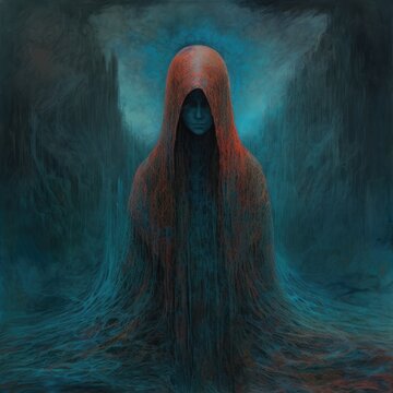 A haunting female apparition emerges under a sacred red hood from out of a psychedelic and otherworldly landscape, evoking a sense of awe. AI art with the metaphysical atmosphere of a dreamlike state.