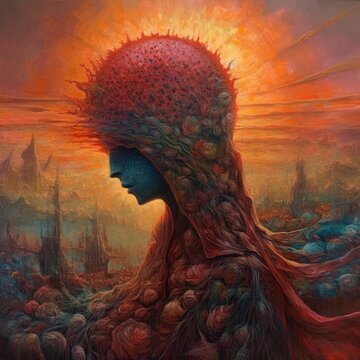 A transcendent, all-knowing, formless entity in an otherworldly realm dissolves into existence under the blazing sun. AI art with vibrant colors, dreamlike imagery, and shamanic undertones.