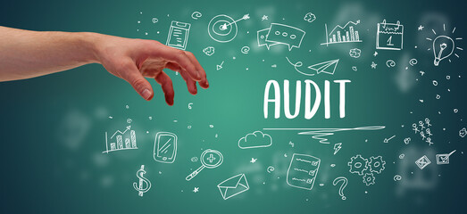 Close-Up of cropped hand pointing at business inscription