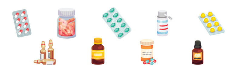 Different Drugs and Medicine with Tablet and Pills in Vial and Blister Pack Vector Set
