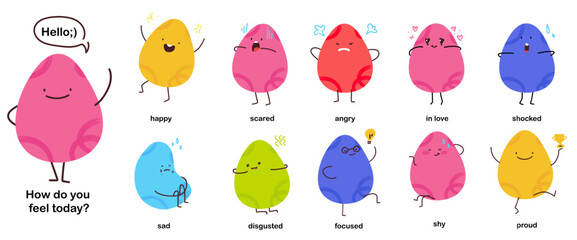 A set of stickers with different emotions. Colorful illustration for children. Simple contemporary character. Mascot for the mood diary. Illustration on the theme of mental health. Generative AI