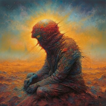 A surreal entity kneels on the sand in an endless, malleable psychedelic desert, their face obscured by exotic headgear, as they bask under the sun in this colorful, immersive and otherworldly AI art.